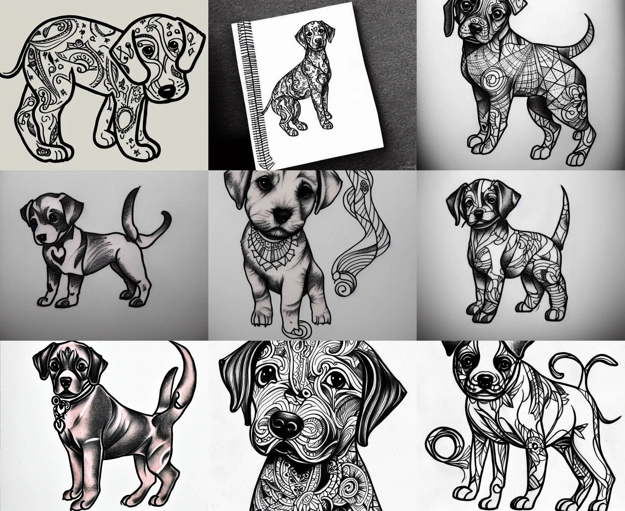 Image similar to Tattoo Design line sketch adorable full body Puppy, bold strong lines very highly aesthetic