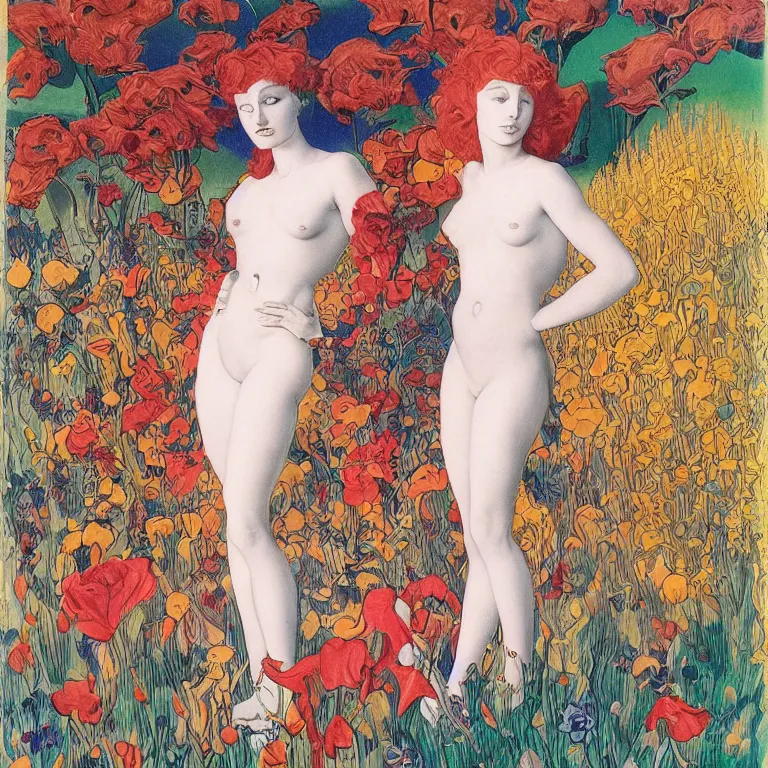 Image similar to Red-haired girl, androgynous appearance, standing in flowers, golden background Stanisław Szukalski and Roger Dean