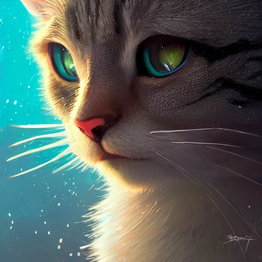 Image similar to highly detailed closeup portrait of a cat, in disney, stephen bliss, unreal engine, art by greg rutkowski, loish, rhads, ferdinand knab, makoto shinkai and lois van baarle, ilya kuvshinov, rossdraws, tom bagshaw, global illumination, radiant light, detailed and intricate environment