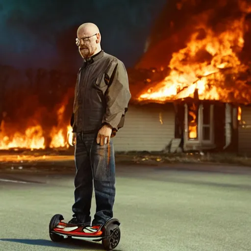 Image similar to Photo of Walter White standing on a hoverboard with several burning buildings behind him, centered, cinematic lighting, highly detailed, 8k