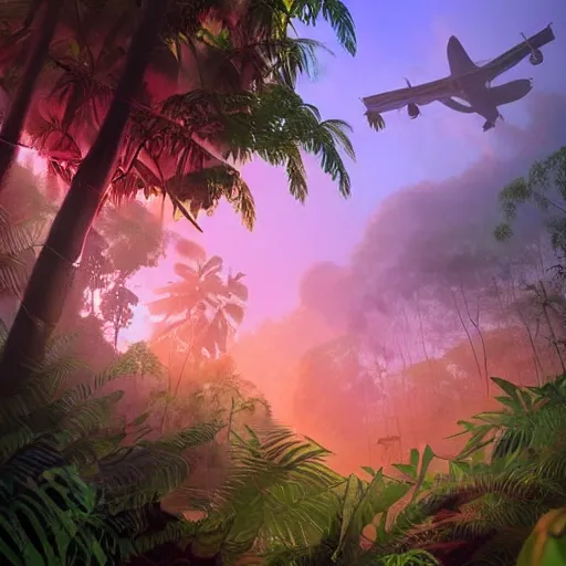 Image similar to a crashed plane in a jungle!, mist, tropical trees, vines, birds, sunset!, fluffy clouds, warm colors, beautiful lighting, digital art, intricate details, trending on artstation