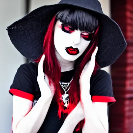 Image similar to portrait of a scene girl, emo outfit, black band t - shirt, red and black blocked blouse, white cap, makeup, jewelry