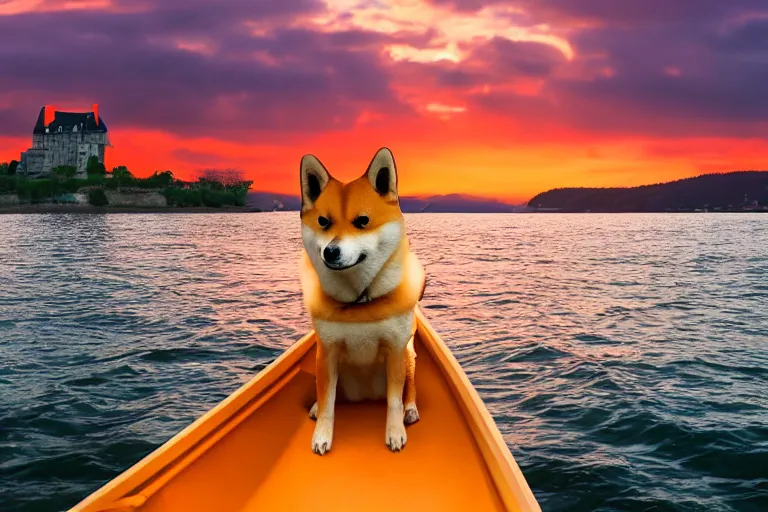 Image similar to a shiba inu sailing in a boat in the sea alone, with a castle in the background, sunset, epic, dramatic, realistic, 4k