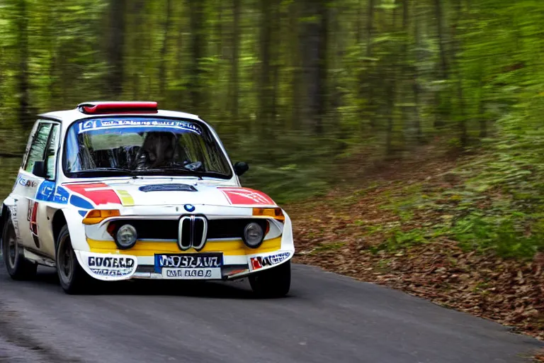 Image similar to A BMW 2002 rally car driving past a swedish village in the woods, high-speed sports photography