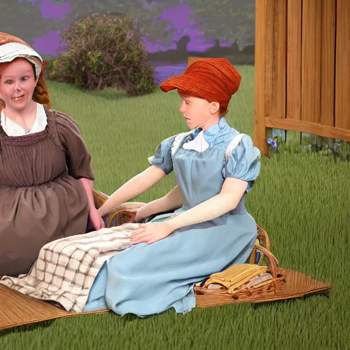 Prompt: A 3D rendering of anne of green gables from the show anne with an e, tucking a person in bed