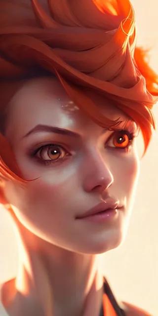 Image similar to tracer by charlie bowater and anna dittmann and artgerm and clemens ascher, intricate, elegant, orange and brown and peach mist, highly detailed, dramatic lighting, sharp focus, octane render, trending on artstation, artstationhd, artstationhq, unreal engine, 4 k, 8 k