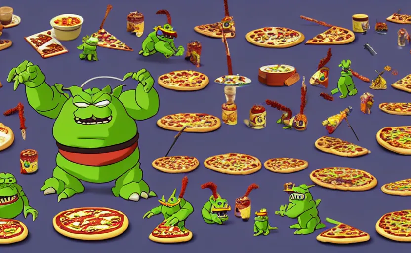 Image similar to pizza godzilla yoda donkey kong pikachu yeti shrek super robot homer groot waluigi darth vader mike wazowski, highly detailed, extremely high quality, hd, 4 k, 8 k, professional photographer, 4 0 mp, lifelike, top - rated, award winning, cinematic, realistic, detailed lighting, detailed shadows, sharp, no blur, edited, corrected, trending