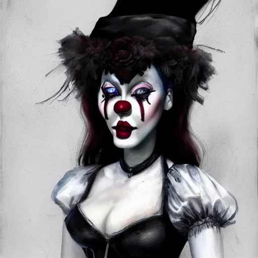 Image similar to goth clown girl, painting, highly detailed, artstation