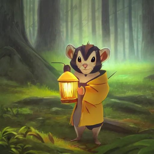 Image similar to concept art painting of an anthropomorphic anime chipmunk wearing a yellow cloak, holding a lantern, in the deep forest, realistic, detailed, cel shaded, in the style of makoto shinkai and greg rutkowski and james gurney