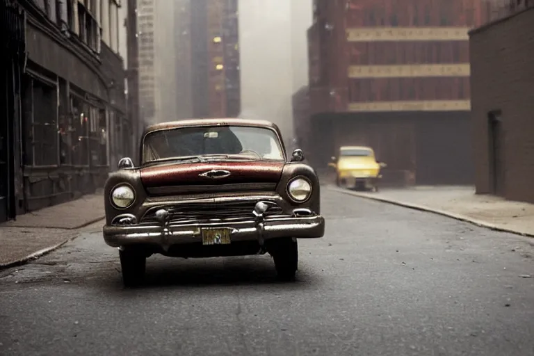 Prompt: street photography by saul leiter, in a new york empty alley, award winning photo of an ultra detailed intricate dirty vintage ford car speeding very fast on mud, fast shutter speed, motion blur, tiny gaussian blur, highly detailed, highly intricate, depth of field, trending on top gear