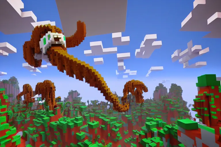 Image similar to giant squids battling in the sky, minecraft, artstation, digital voxel art