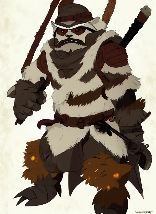 Image similar to bugbear ranger, black beard, dungeons and dragons, hunters gear, flamesing jeweled armour, concept art, character design on white background, by studio ghibli, makoto shinkai, poster art, game art