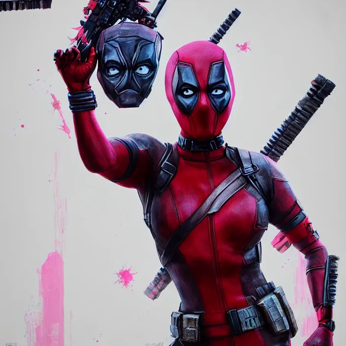 Image similar to charlize theron as lady deadpool. intricate abstract. intricate artwork. by tooth wu, wlop, beeple, dan mumford. octane render, trending on artstation, greg rutkowski very coherent symmetrical artwork. cinematic, hyper realism, high detail, octane render, 8 k, iridescent accents