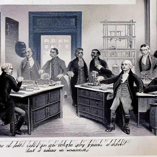 Image similar to a group of Ben Franklins boasting to each other in a laboratory