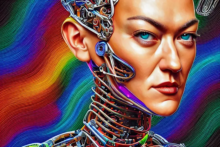 Prompt: Portrait of Yvonne Strahovski wearing epic bionic cyborg implants of different vibrant colors, detailed intricate ornate cables connected to head, portrait front face reference, by Dan Mumford and Naoto Hattori, extremely beautiful and proportionate, masterpiece, intricate, highly detailed, digital painting, Matrix Theme, artstation, concept art, crepuscular rays, smooth, sharp focus, illustration, background made from fractals of vibrant universe stars, cyberpunk colors, volumetric lighting, art by artgerm and james jean and Nick Sullo
