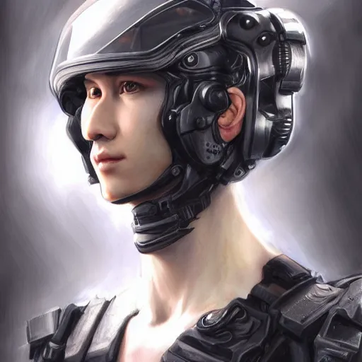 Image similar to portrait of a human by ayami kojima, he is about 2 0 years old, british, manly, straight jaw, black hair, and he is wearing a modern tactical gear, scifi, highly detailed portrait, digital painting, artstation, concept art, smooth, sharp foccus ilustration, artstation hq