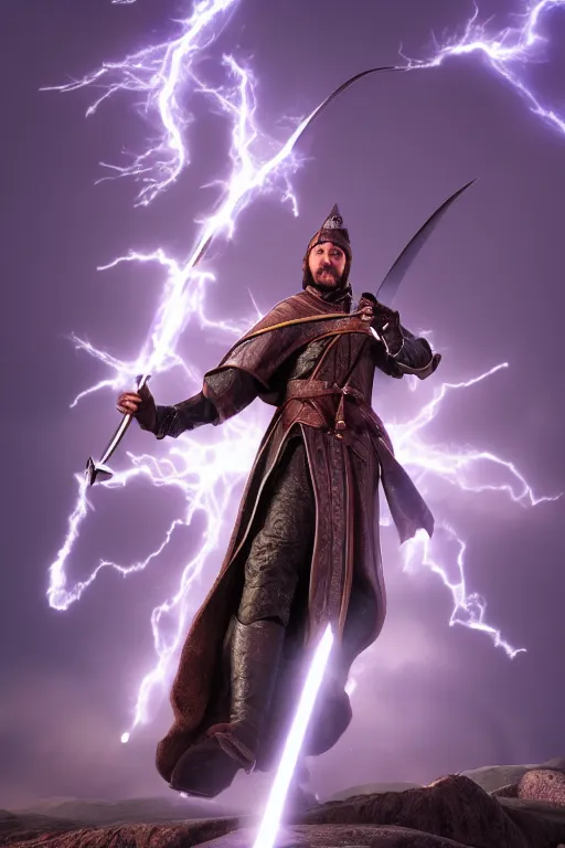 Image similar to hyper realistic wizard holding a sword that’s pointed towards the sky, getting shocked by purple lightning, standing on a mountaintop, octane, trending on artstation, hyper realistic, highly detailed, unreal engine, amazing depth of field, 8k