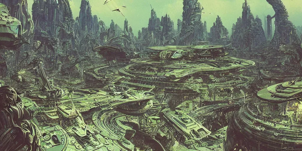 Image similar to wide angle photo view of a giant futuristic space station crashed on a jungle desert river planet with many birds flying, cyberpunk art by Moebius, retrofuturism, matte painting