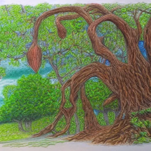 Image similar to Colored pencil art on paper, highly detailed, artstation, People, Plants and Trees, Animals, Magical Creatures, buildings, scenery, enchanted landscapes, PrismaColor