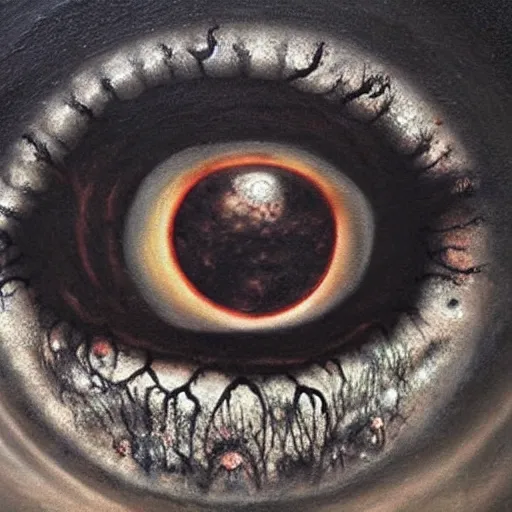 Image similar to an gothic, cosmic horror eyeball made out of hundreds of smaller eyeballs in a dark, atmospheric painting