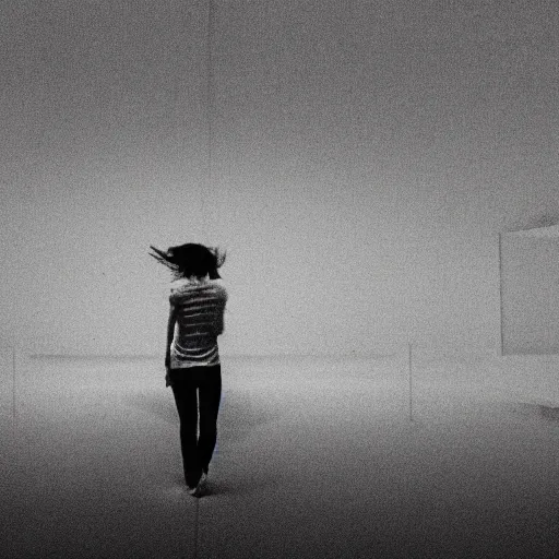 Image similar to film still of a girl walking through liminal space, black and white