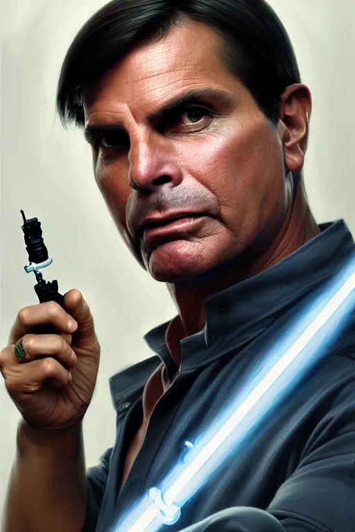 Prompt: breathtaking detailed concept art painting of jair messias bolsonaro holding a lightsaber, by hsiao - ron cheng, exquisite detail, extremely moody lighting, 8 k