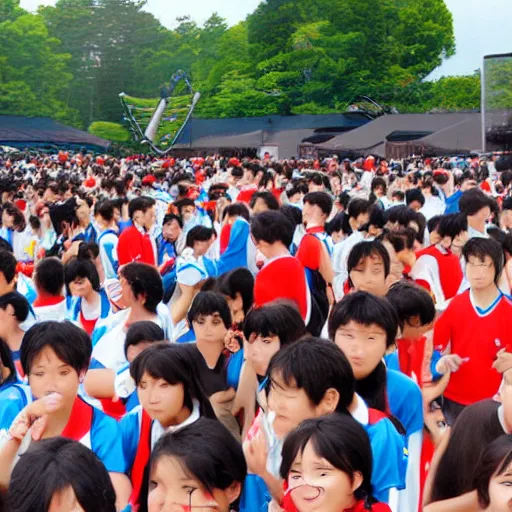 Prompt: sports festival, very crowded, sports tournament, school, studio ghibli