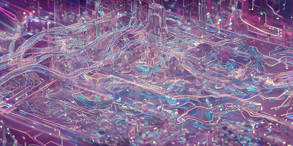 Prompt: a complex mysterious machine made from circuits, transistors, led, wire, macro photography, translucent pastel panels, smooth stylized shapes, embedded in clear epoxy, macro, overlapping layers, hyper - realistic vfx render