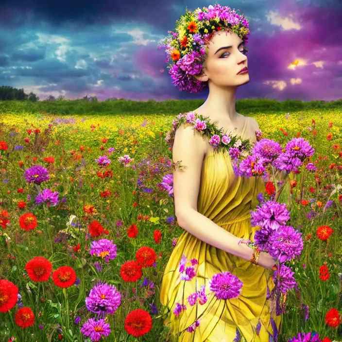 Prompt: photograph of a real-life beautiful flower goddess with ornate dress sat in a flower field. Extremely detailed. 8k