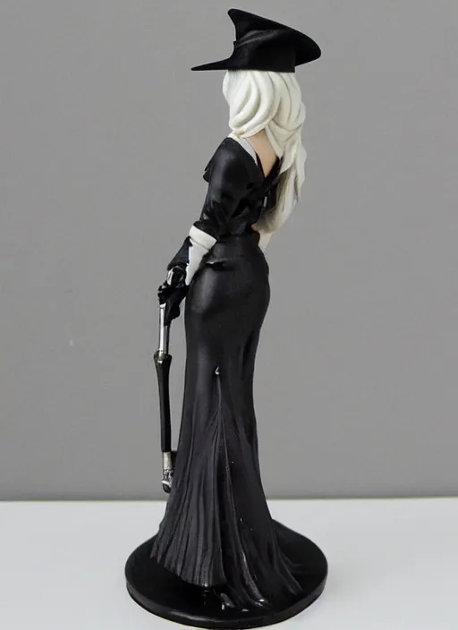 Prompt: Image on the store website, eBay, 80mm resin figure of a beautiful female sorceress, dress in black and gray and white, tricorn hat