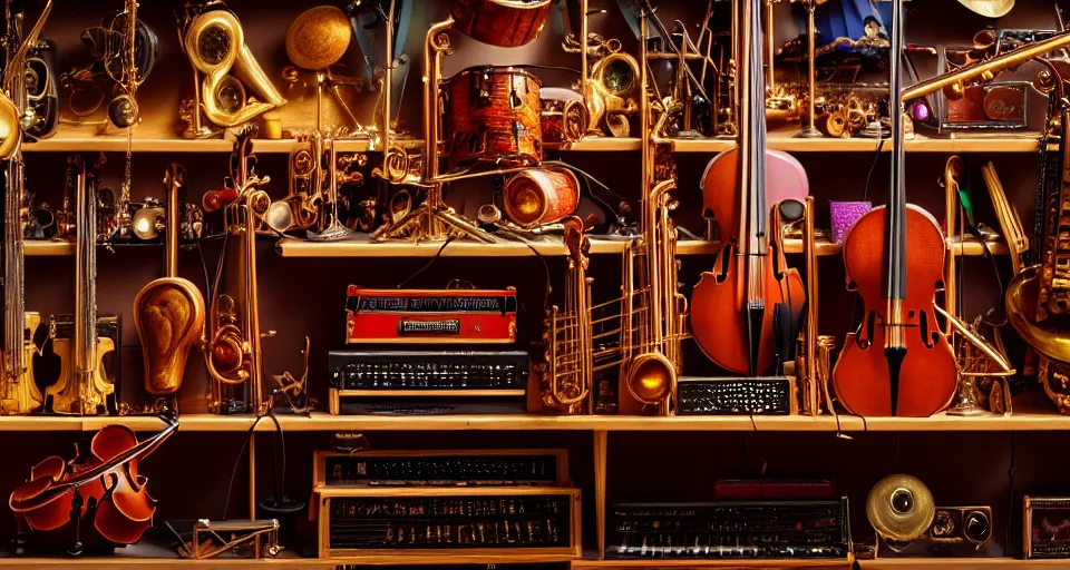 Image similar to a shelf of amazing magical musical instruments, cinematic lighting, detailed, beautiful colors, ornate, by greg rutowski and wlop 4 k