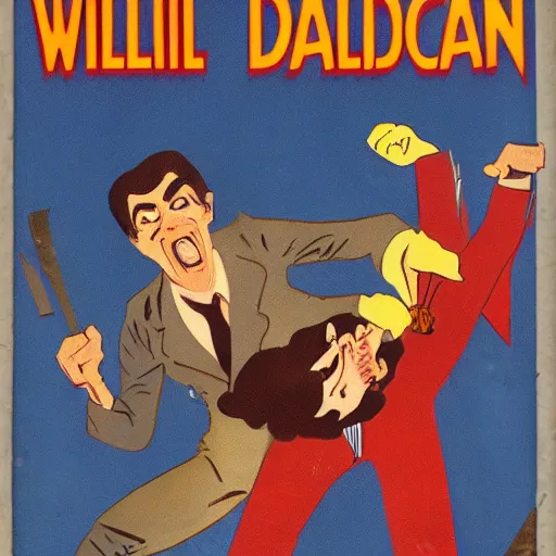 Prompt: vintage book cover with Willem Dafoe fighting Mr Bean
