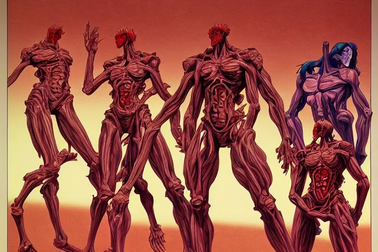 Image similar to cel shaded study of a group of flesh golems, key visual with intricate linework, in the stlye of moebius, ayami kojima, 90's anime, retro fantasy