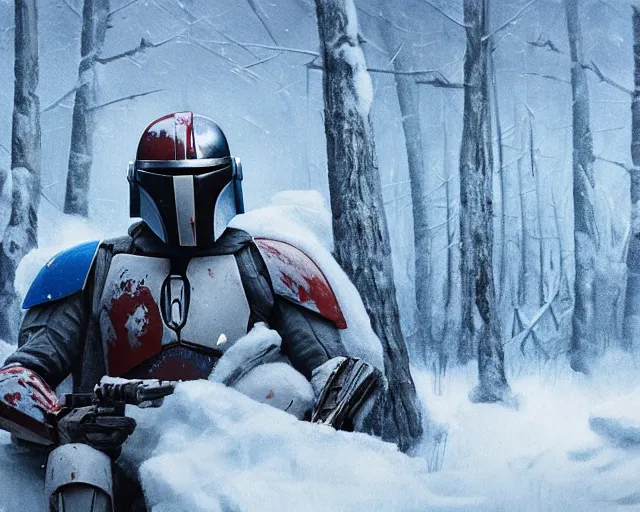 Image similar to jango fett mandalorian bounty hunter is surrounded by dead corpses with blood in a snow forest, concept art highly detailed, a mandalorian is looking at ahuge pile of grey helmets, great cinematic lighting, octane render, 8 k, depth of field, 3 d, art by greg rutkowski, trending on artstation, cinematographic shot