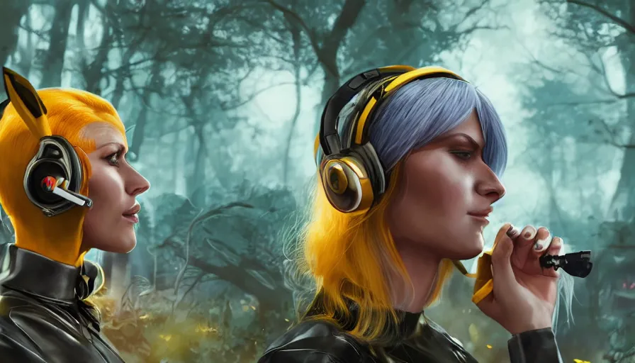 Image similar to Side view of a cyborg demon blond in cyberpunk headset facing a giant pikachu in the forest, consept art by Josan Gonsales, artstation, cgsociety, 4k