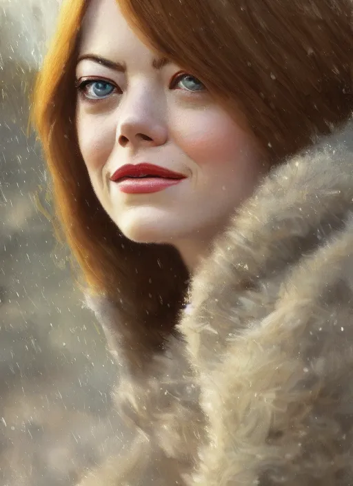 Image similar to emma stone in beige coat, close up portrait, winter new york, snow, artwork by gaston bussiere, craig mullins, trending on artstation