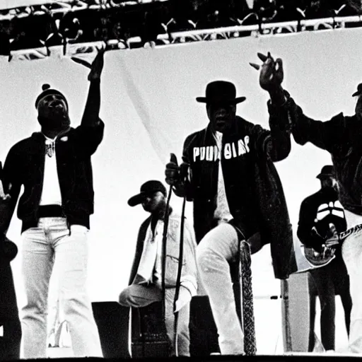 Image similar to public enemy the hip hop group playing at woodstock 1969 on stage