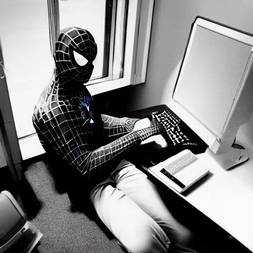 Image similar to spiderman sat at a desk playing games on a computer, 3 5 mm film photograph