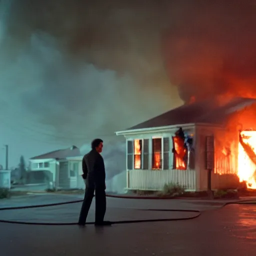 Prompt: a movie scene of a burning house, a man standing and watching the house while it's burning, by Roger Deakins, by Stanley Kubrick, cinestill 800t, HD, high detail, trending on artstation