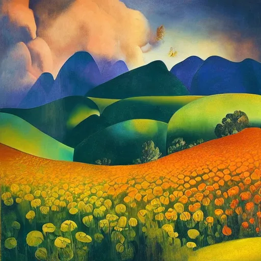 Prompt: mountain landscape in summer, flowers, teal landscape, dreamy light, sunny complementary palette, by and jacek yerga and tamara de lempicka and jesse king, pop surrealist, wiccan