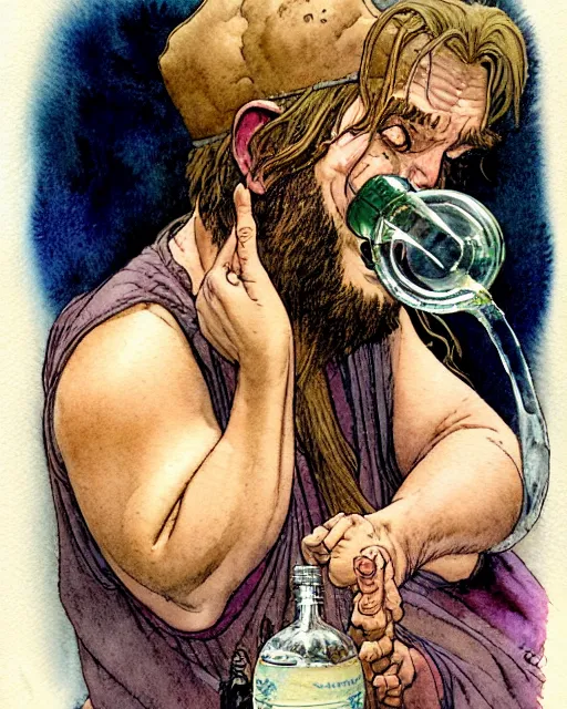 Image similar to a realistic and atmospheric watercolour fantasy character concept art portrait of a fat dirty qui - gon jinn drinking out of a bottle with pink eyes wearing a wife beater. by rebecca guay, michael kaluta, charles vess and jean moebius giraud