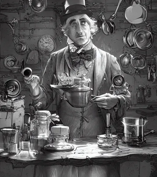 Prompt: beautiful willie wonka cooking meth black and white drawing, in the style of greg rutkowski, fantasy, amazing detail, epic, intricate, elegant, smooth, sharp focus