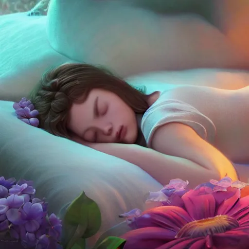 Image similar to girl sleeping on a big flower, illustrated painting, incredible details, highly detailed, photorealistic, disney pixar, smooth, octane render, iridescent, 8 k