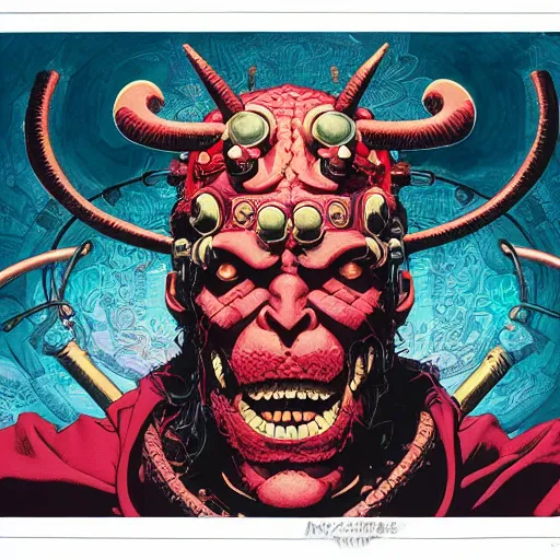 Image similar to portrait of crazy hellboy, symmetrical, by yoichi hatakenaka, masamune shirow, josan gonzales and dan mumford, ayami kojima, takato yamamoto, barclay shaw, karol bak, yukito kishiro