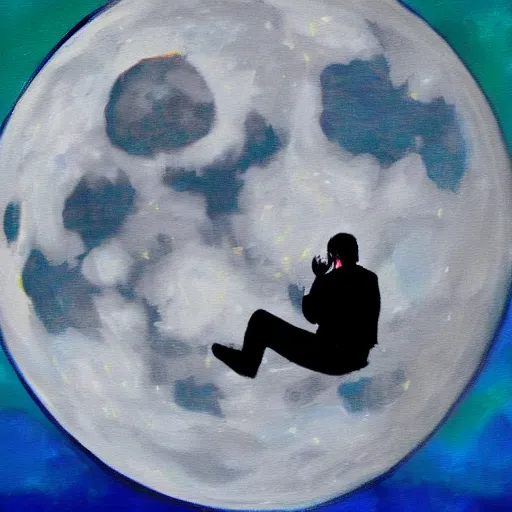 Image similar to Man eating the moon. Award winning painting. Artistic. 4K