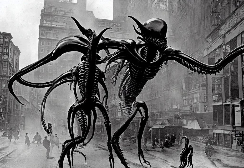 Image similar to old black and white photo, 1 9 1 3, depicting a xenomorph from the movie aliens rampaging through the bustling streets of toronto, historical record