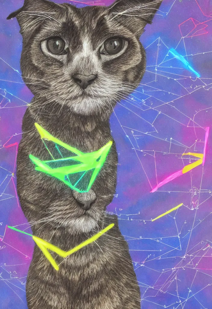 Image similar to cfa champion dark tortie scottish fold cat, stalkimg preyl, data visualization perfect geometry bezier mathematical diagrams hologram overlay revealing sparrows flight trajectory calculation, detailed annotated painting, dark grisaille fluorescent color airbrush spraypaint accents, by jules julien, wes anderson, hannah af klint, t - shirt design 4 k