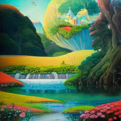 Image similar to A beautiful painting of of a landscape. It is a stylized and colorful view of an idyllic, dreamlike world with rolling hills, peaceful looking animals, and a flowing river. The scene looks like it could be from another planet, or perhaps a fairy tale. by Hsiao-Ron Cheng, by Paul Gustav Fischer improvisational