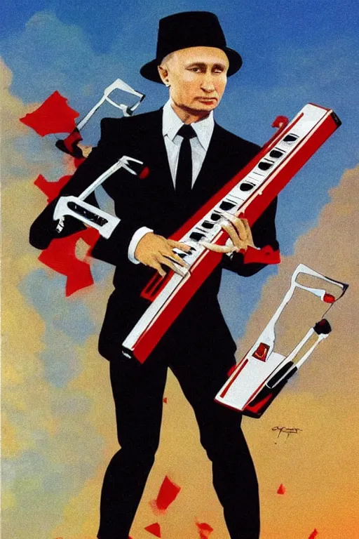 Prompt: Vladimur Putin rocking the Keytar in the style of Frank Frazetta