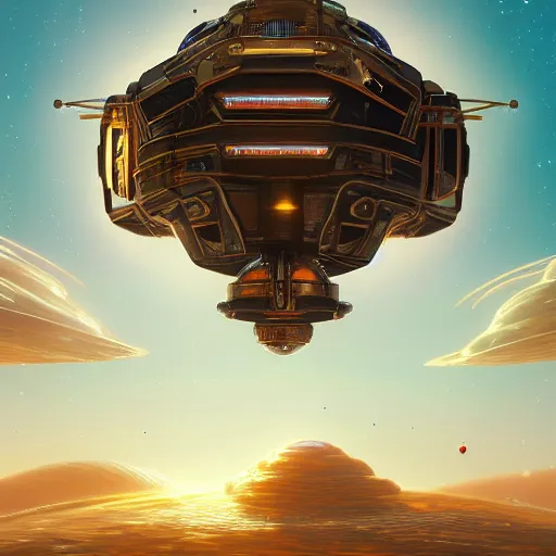 Image similar to colossal dream bot mothership in outer space, golden heart, golden hour, intricate details, sharp focus, digital art, hyper realistic, 4 k, unreal engine, highly detailed, hd, dramatic lighting by brom, trending on artstation